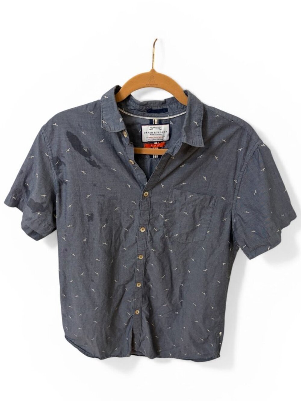 Denim & Flower Ricky Singh Mens Shirt M Navy Bird Print Short Sleeve Button Up - Picture 2 of 5